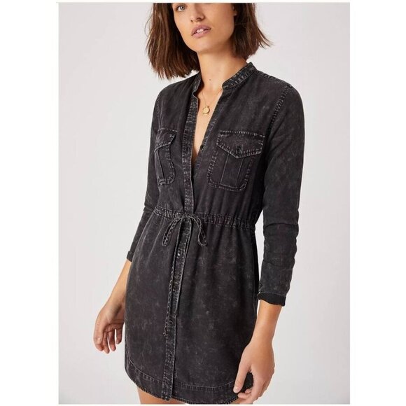 Anthropologie Cloth & Stone Sandra Mini Drawstring Shirt Dress Size M Mineral